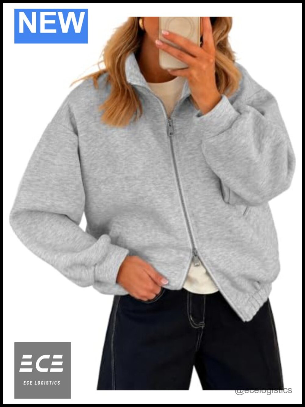 Fleece Zip Up Sweatshirt Womens Two-Way Zipper Drop Shoulder Casual Jacket